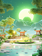 4moonscape 3d image backgrounds for video editing, in the style of childlike innocence and charm, mind-bending murals, qiu shengxian, green, pastoral charm, use of paper, high detailed