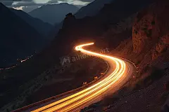 延迟摄影下的汽车在山路道路上行驶