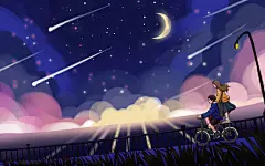 星空流星卡通情侣夜空情人节原创插画素材