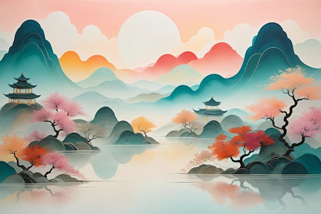 禅意彩色国潮山水插画背景图-花瓣网