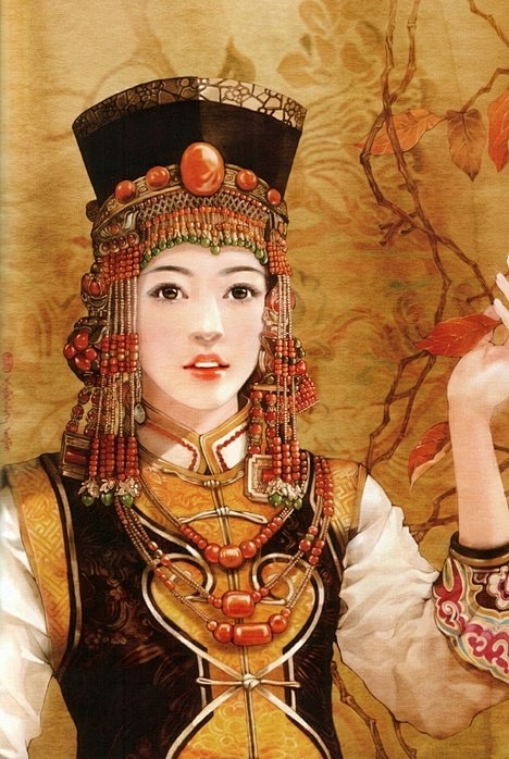 56个民族传统服饰手绘_蒙古族