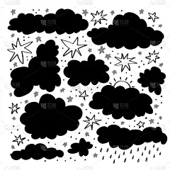 一组涂鸦的星星和云的轮廓。雷云,多云的天气。在白色背景上手绘天空剪影的矢量插图。