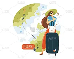 夏日旗帜女孩选择购买度假机票。地理位置的概念，旅行目的地的选择，旅行或旅程规划。矢量平面颜色插图孤立