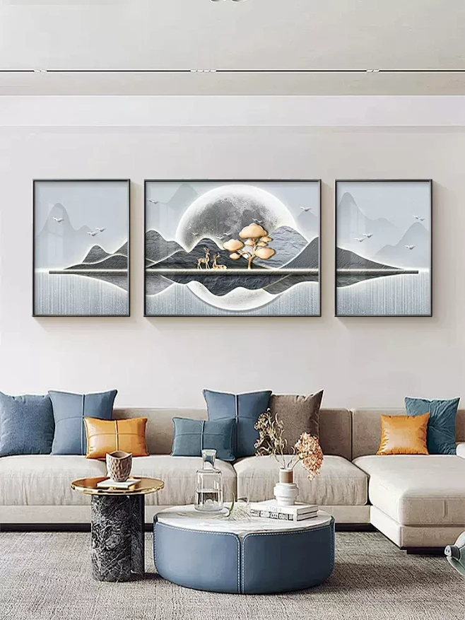 新中式客厅装饰画轻奢沙背景墙挂画大气高级感山水福鹿墙壁三联画-tmall.com天猫-花瓣网