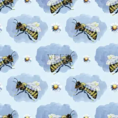 数码纸无缝图案有黄蜂、大黄蜂、蜂蜜、云朵、天空、洋甘菊。手绘水彩插图孤立的蓝色背景插画图片素材_ID:392539124-Veer图库