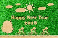 贺卡,自行车,纸,新年前夕,横截面,2018,云,绿色背景,日光,树