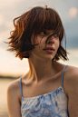 Asian woman in dress on sunset sky background. Bobbed hair. Summer. Mole on skin. Beauty portrait Asian woman on sunset sky background. enjoy sunshine Europe and America beauty stock pictures, royalty-free photos & images