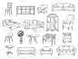 草图的家具。现代室内物体，椅子，床，建筑设计项目的技术图纸，最近的矢量插图集合