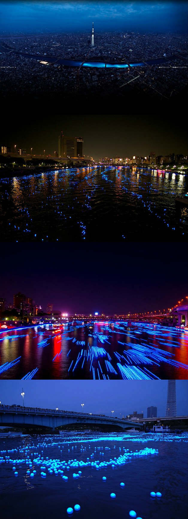 为了庆祝东京萤火虫节，主办方在墨田川河里...