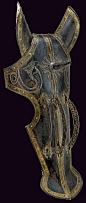 Indo-Persian chamfron (armor for a horses head), 19th Century, blued iron, with a cusp and three arched mounts,