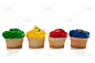 纸杯蛋糕,彩虹,式样,水平画幅,绿色,无人,色彩鲜艳,蓝色,白色背景,小吃