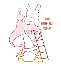 今天是快乐的好日子。可爱的小兔子，茶杯放在蘑菇上插画图片素材