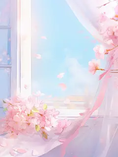 a pink bouquet of fresh air and cherry blossom flowers in front, in the style of dreamlike illustration, windows vista, soft and dreamy depictions, flowing draperies, uhd image, scattered composition, light bronze and sky-blue
