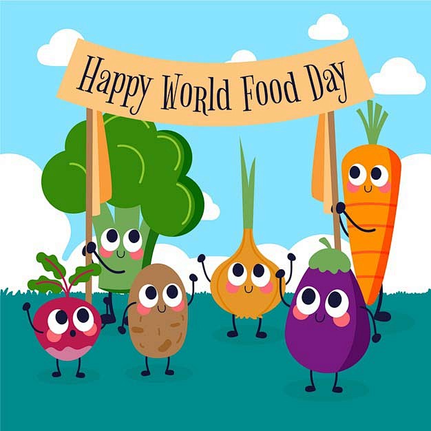 世界粮食日快乐新鲜蔬菜举着标语牌矢量图