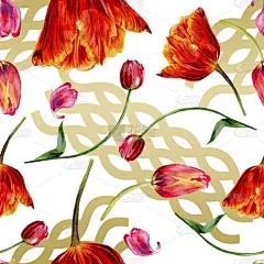 惊人的红色郁金香花与绿叶。手绘植物花。水彩背景插图。无缝模式。织物壁纸打印纹理.