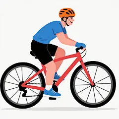 卡通风格插画，一位戴着橙色头盔的男性正在骑红色自行车，他穿着蓝色短袖T恤和黑色短裤，戴着蓝色手套和蓝色运动鞋，身体前倾，双腿蹬踏，自行车车轮为黑色辐条轮，整体画面简洁明快，色彩鲜明，线条流畅，无背景，人物表情略带微笑，姿态充满动感。