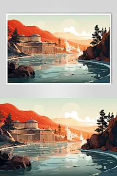 AI数字艺术冬天冬季旅游温泉插画