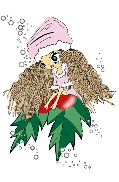 冬青果上坐着的卷发的卡通女孩