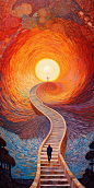 person painting person in the way in this dream i, in the style of luminous landscapes, mosaic-inspired realism, spiral vortex patterns, faith-inspired art, passage, illusory tessellations, textured impasto landscapes