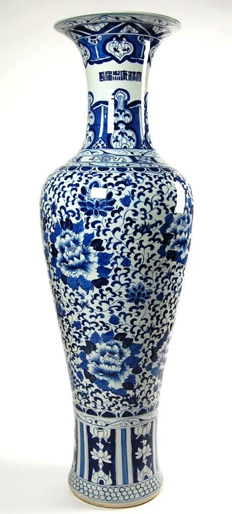 蓝与白大中国陶瓷牡丹花瓶 - 4.5英尺...