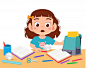 Happy cute little kid girl with messy desk