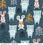 Seamless winter pattern with bear  mouse  deer and christmas tree. Creative holiday texture. Great for fabric  textile Vector Illustration