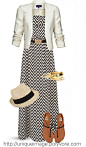White blazer, black and white zig-zag striped maxi dress, fedora, brown gladiator sandals.