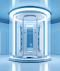 a futuristic space with a door in it, in the style of light sky-blue and light white, webcam photography, thin steel forms, transparency and lightness, rounded forms, confessional, precise nautical detail