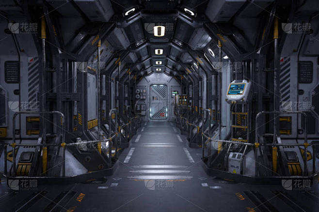 未来的空间站或宇宙飞船内部走廊。科幻小说概念3D图解.