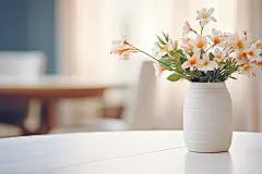容器装饰插花摆放在桌上的鲜花摄影图