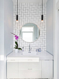 Bathroom - small contemporary master white tile and subway tile marble floor bathroom idea in Toronto with flat-panel cabinets, white cabinets, white walls, an integrated sink and solid surface countertops
