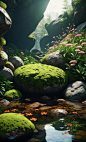 00134-4014110070-instagram photo,Hyperrealism,cinematic,realistic,4K,the rocks are covered with moss,surrounded by some strange green plants and