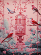 birds in cages pink/red, in the style of eclectic montage