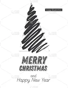 圣诞树素描孤立在白色的背景。圣诞快乐。手绘云杉的剪影。