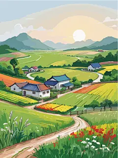 矢量农村唯美插画