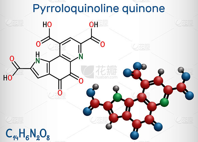 吡咯喹啉醌，PQQ，甲氧西丁C14H6N2O8分子。它具有水溶性维生素和辅助因子的作用。结构化学式和