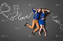 绘画插图,贺卡,灵感,水平画幅,女朋友,计算机制图,计算机图形学,青年人,猫,男朋友