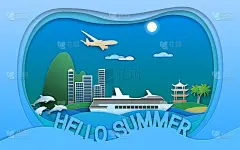 你好夏天矢量插图剪纸风格。海上度假小镇，游轮，宝塔，岛屿，海豚和飞机。旅行卡的设计。