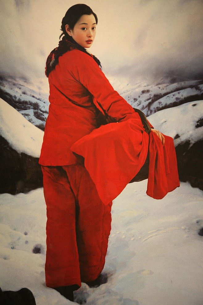 油彩画布穿红衣的女人油画美人