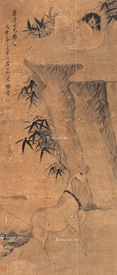 杨晋——【戊申春正月望后】竹石三犬 立轴欣赏 | 
清|杨晋(1644-1728)字子和、子鹤，号西亭、谷林樵客、鹤道人，又署野鹤。宫廷画家，以界画见长。工农村景物，尤善画牛，多写意，兼及人物写真，花鸟草虫。山水为王翚入室弟子，凡有人物、舆轿、驼马牛羊等皆命补之。尝摹内府所藏名迹。