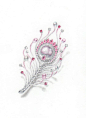 Pink peacock feather brooch/  pencil and water color