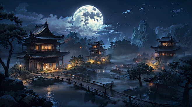 AI古风建筑素材 庭院夜景插画设计 背景临摹图 影视游戏场景资源-淘宝网-花瓣网