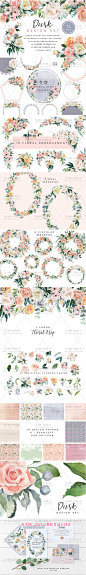 唯美水彩手绘玫瑰花环花朵边框叶子 PNG婚礼卡片设计素材PNG234-淘宝网