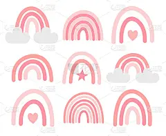 向量集手绘涂鸦素描粉红色波西米亚彩虹