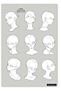 the head and shoulders of an anime character with various facial expressions, from front to back