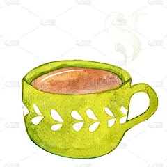 热饮料在陶瓷绿杯水彩插画装饰形式的咖啡馆和餐厅的概念。