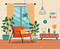 椅子,窗户,绘画插图,舒服,室内植物,矢量,扁平化设计,可爱的,窗帘,花盆