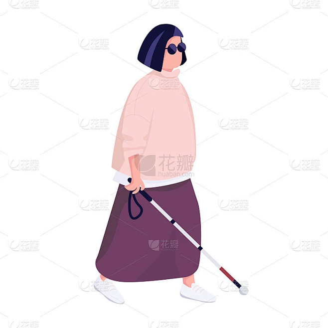 盲人女子用手杖平彩色矢量无脸人物。中年男性视力残疾孤立卡通插图为网页平面设计和动画素材-花瓣网