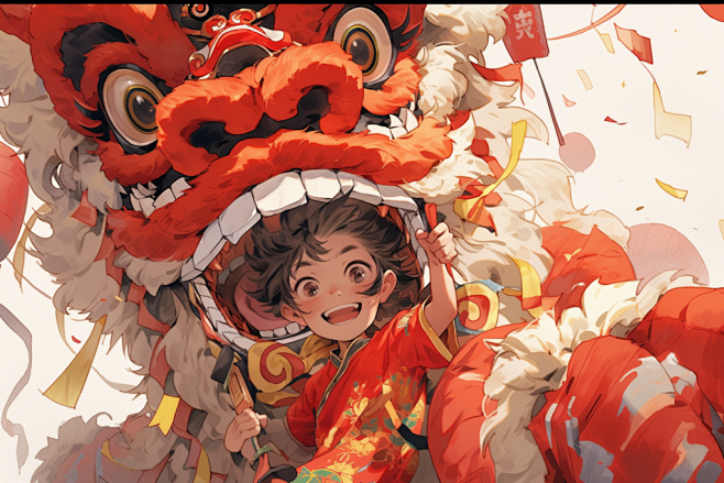 醒狮祝福国潮国风舞狮少年庆祝插画图片