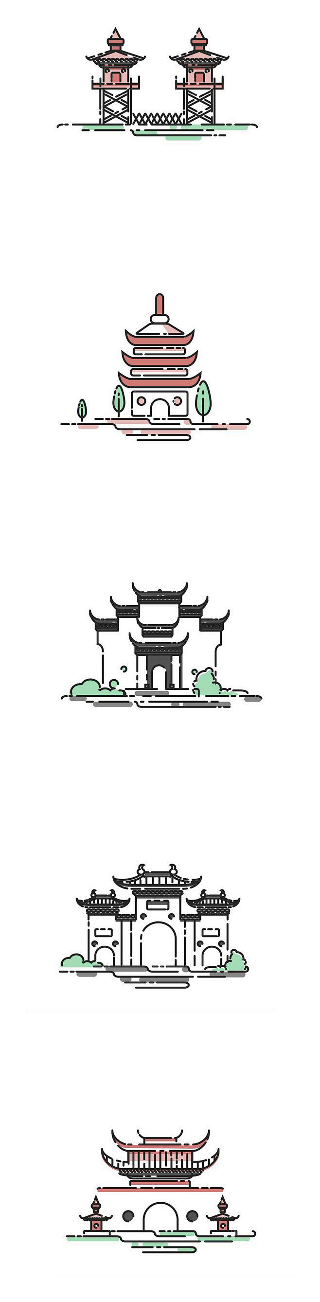 中国古代建筑线描图标插画2